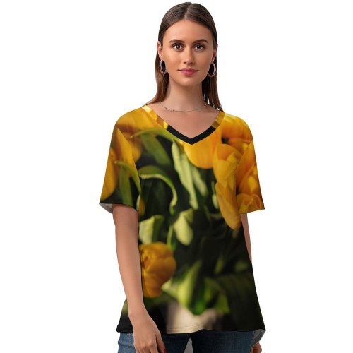 yanfind V Neck T-shirt for Women Arrangement Plant Bouquet Blossom Flower Tulip Tulips Domain Flowers Public Summer Top  Short Sleeve Casual Loose