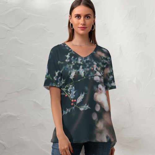 yanfind V Neck T-shirt for Women Christmas Flora HQ Pond Confetti Wallpapers Plant Free Winter Pictures Cherry Summer Top  Short Sleeve Casual Loose