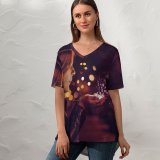 yanfind V Neck T-shirt for Women Autumn Night Glitter Illuminated Public Wallpapers Fire Supernatural Mystical Dark Sparkle Summer Top  Short Sleeve Casual Loose