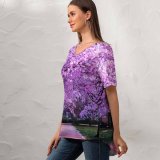 yanfind V Neck T-shirt for Women Cherry Blossom Trees Purple Flowers Pathway Park Floral Colorful Spring Beautiful Summer Top  Short Sleeve Casual Loose