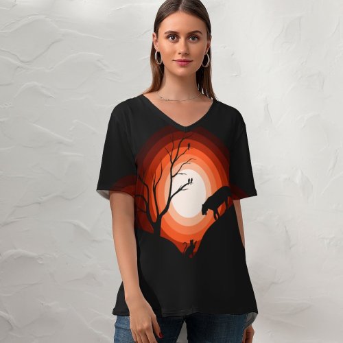 yanfind V Neck T-shirt for Women Suryapraveen Dark Minimal Jaguar Cat Sun Silhouette Summer Top  Short Sleeve Casual Loose