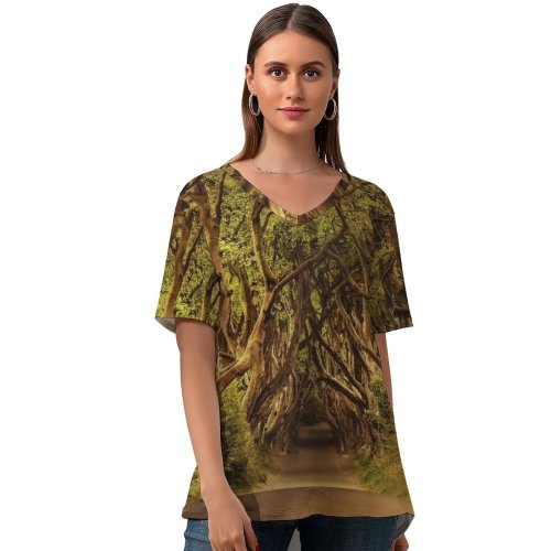 yanfind V Neck T-shirt for Women Dorothe Avenue Trees Woods Forest Path Road Landscape Sunlight Atmospheric Summer Top  Short Sleeve Casual Loose