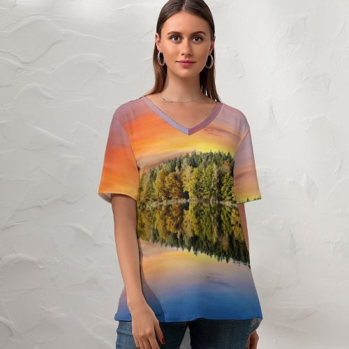yanfind V Neck T-shirt for Women Bruno Glätsch Forest Trees Sunset Sky Mirror Lake Reflection Landscape Scenery Afterglow Summer Top  Short Sleeve Casual Loose