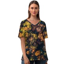 yanfind V Neck T-shirt for Women Kelly Lacy Forest Autumn Trees Aerial Top Texture Summer Top  Short Sleeve Casual Loose