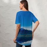 yanfind V Neck T-shirt for Women Kien Virak Glacier Mountains Lake Sunrise Sky Reflection Mountain Range Snow Covered Summer Top  Short Sleeve Casual Loose