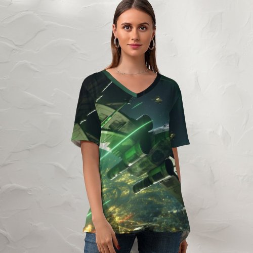 yanfind V Neck T-shirt for Women Squadrons PC PlayStation Xbox Summer Top  Short Sleeve Casual Loose