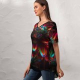 yanfind V Neck T-shirt for Women Stu Ballinger Abstract Flowers Neon Flower CGI Cyberpunk Glowing Summer Top  Short Sleeve Casual Loose