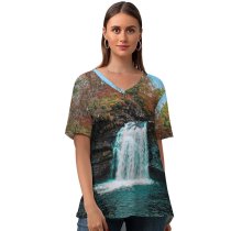 yanfind V Neck T-shirt for Women Fall Autumn I River Landscape Public Wallpapers Falloch Plant Falls Outdoors Summer Top  Short Sleeve Casual Loose