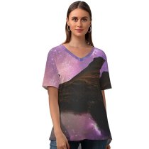 yanfind V Neck T-shirt for Women Andrés Nieto Porras Landscape Mountains Starry Sky Nebula Outer Space Reflection Purple Summer Top  Short Sleeve Casual Loose