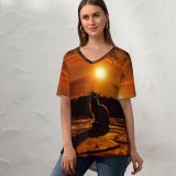 yanfind V Neck T-shirt for Women Elena Dudina Cat Silhouette Sunset Sky Tree Branches Summer Top  Short Sleeve Casual Loose