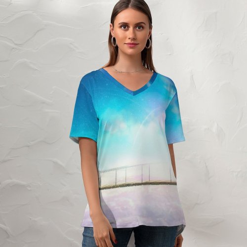 yanfind V Neck T-shirt for Women RicoDZ Fantasy Girl Dream Bridge Supernova CGI Artwork Summer Top  Short Sleeve Casual Loose