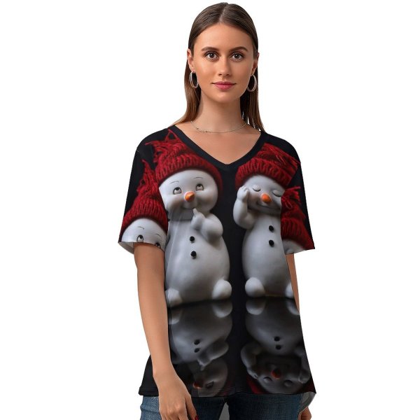yanfind V Neck T-shirt for Women Black Dark Celebrations Christmas Cute Snowman Figures Christmas Decoration Cute Expressions Summer Top  Short Sleeve Casual Loose