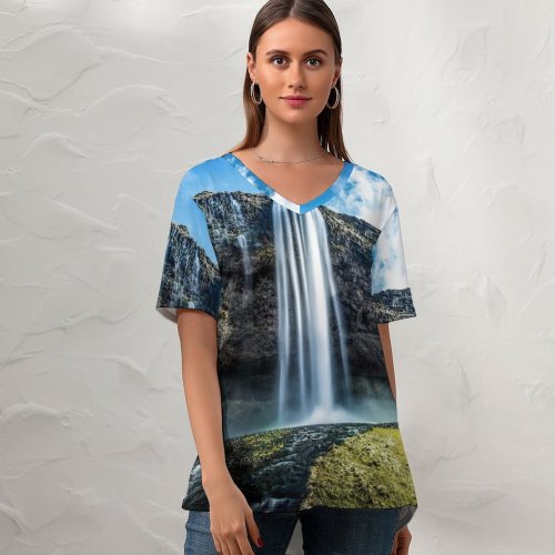 yanfind V Neck T-shirt for Women Robin Kamp Seljalandsfoss Waterfalls Iceland Stream Cliff Moss Exposure Landscape Scenery Sky Summer Top  Short Sleeve Casual Loose