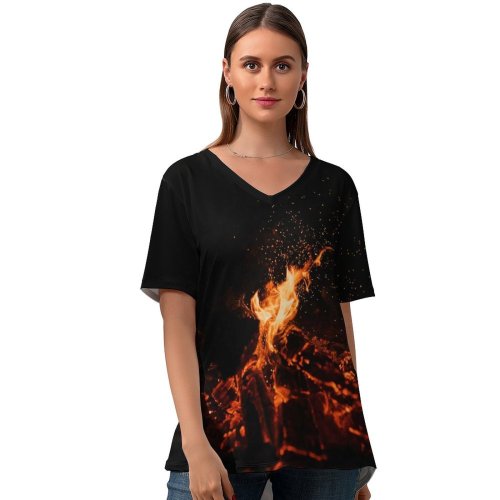 yanfind V Neck T-shirt for Women Clay Banks Black Dark Bonfire Dark Campfire Flame Night Time Burning Outdoor Summer Top  Short Sleeve Casual Loose