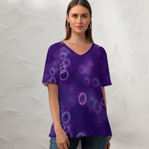 yanfind V Neck T-shirt for Women Tomislav Jakupec Abstract Bubbles Bokeh Purple Blurred Summer Top  Short Sleeve Casual Loose