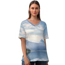 yanfind V Neck T-shirt for Women River Mountains Forest Sunny Landscape Summer Top  Short Sleeve Casual Loose