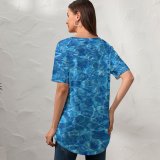 yanfind V Neck T-shirt for Women Texture Pool Liquid Aqua Cobalt Azure Electric Turquoise Design Summer Top  Short Sleeve Casual Loose