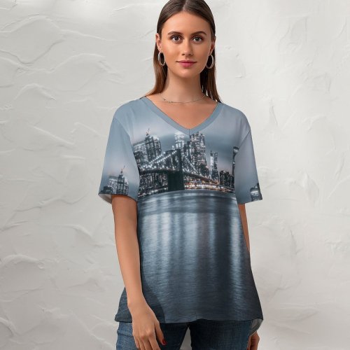 yanfind V Neck T-shirt for Women Lerone Pieters Brooklyn Cityscape Night City Lights York City Reflections USA Summer Top  Short Sleeve Casual Loose