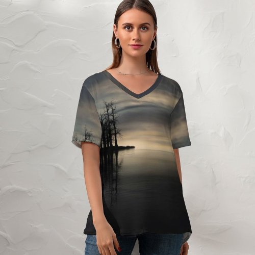 yanfind V Neck T-shirt for Women Karan Gujar Sunset Dry Trees Silhouette Dusk Lake Summer Top  Short Sleeve Casual Loose