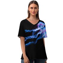 yanfind V Neck T-shirt for Women Collins Black Dark Jellyfish Aquarium Glowing AMOLED Underwater Summer Top  Short Sleeve Casual Loose