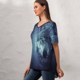 yanfind V Neck T-shirt for Women Black Dark Wolf Eyes Snowfall Winter Night Forest Summer Top  Short Sleeve Casual Loose