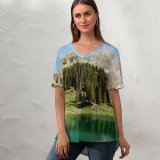 yanfind V Neck T-shirt for Women Gantrischseeli Lake Pine Trees Spring Reflection Mountain Peak Switzerland Summer Top  Short Sleeve Casual Loose