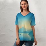 yanfind V Neck T-shirt for Women Coyle Lakeside Sunrise Early Morning Minimal Art Gradient Landscape Scenic Panorama Summer Top  Short Sleeve Casual Loose