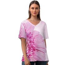 yanfind V Neck T-shirt for Women Bruno Glätsch Flowers Gerbera Daisy Flower Drops Dew Drops Closeup Macro Blossom Summer Top  Short Sleeve Casual Loose
