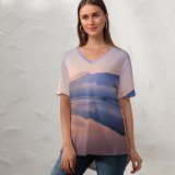 yanfind V Neck T-shirt for Women Mountain Sunrise Foggy Lake Reflection Dawn Summer Top  Short Sleeve Casual Loose