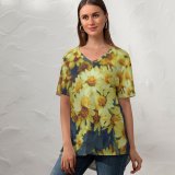yanfind V Neck T-shirt for Women Fall Autumn Petal Aster Grass Wallpapers Plant Asteraceae Pollen Free Pictures Summer Top  Short Sleeve Casual Loose