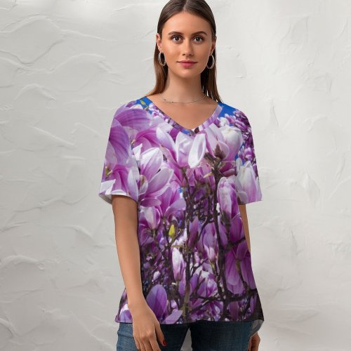 yanfind V Neck T-shirt for Women Felix Mittermeier Flowers Magnolia Flowers Blossom Beautiful Spring Summer Top  Short Sleeve Casual Loose