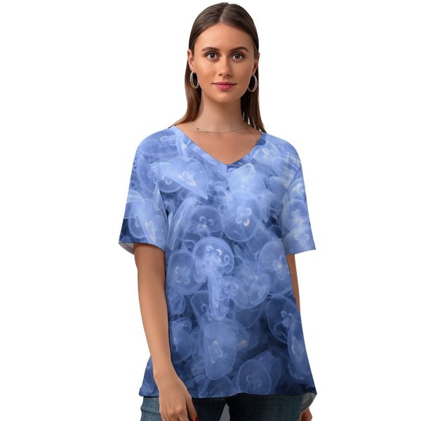 yanfind V Neck T-shirt for Women Black Dark Jellyfishes Sea Life Underwater Dark Aquarium Transparent Summer Top  Short Sleeve Casual Loose