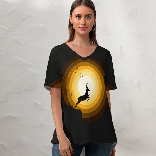 yanfind V Neck T-shirt for Women Suryapraveen Dark Minimal Deer Silhouette Sun Summer Top  Short Sleeve Casual Loose