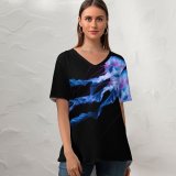 yanfind V Neck T-shirt for Women Collins Black Dark Jellyfish Aquarium Glowing AMOLED Underwater Summer Top  Short Sleeve Casual Loose