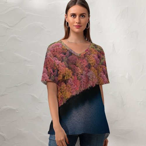 yanfind V Neck T-shirt for Women Aaron Burden Colorful Forest Trees Aerial Lake River Scenic Summer Top  Short Sleeve Casual Loose