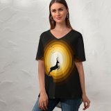 yanfind V Neck T-shirt for Women Suryapraveen Dark Minimal Deer Silhouette Sun Summer Top  Short Sleeve Casual Loose