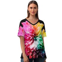 yanfind V Neck T-shirt for Women Sharon Pittaway Flowers Colorful Multicolor Summer Top  Short Sleeve Casual Loose
