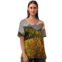 yanfind V Neck T-shirt for Women Luca Bravo Valley Funes Mountains Countryside Landscape High Mountains Summer Forest Trees Summer Top  Short Sleeve Casual Loose