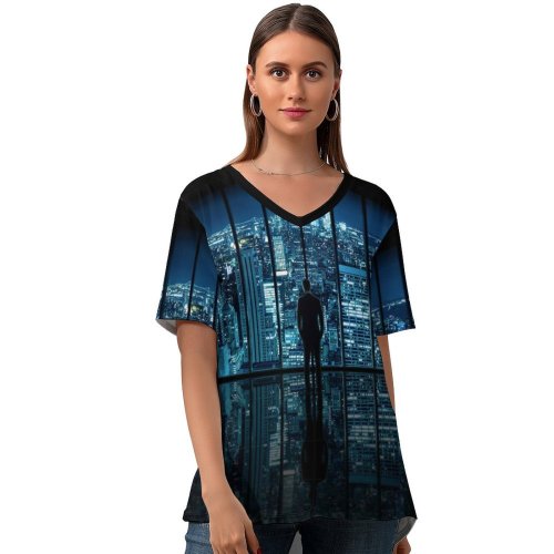 yanfind V Neck T-shirt for Women Dominic Kamp Black Dark York City Cityscape City Lights Reflection Skyscrapers Night Summer Top  Short Sleeve Casual Loose