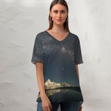 yanfind V Neck T-shirt for Women Mount Gongga Minya Konka China Milky Way Glacier Mountains Mountain Peak Starry Summer Top  Short Sleeve Casual Loose