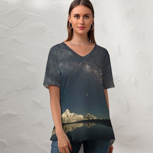 yanfind V Neck T-shirt for Women Mount Gongga Minya Konka China Milky Way Glacier Mountains Mountain Peak Starry Summer Top  Short Sleeve Casual Loose