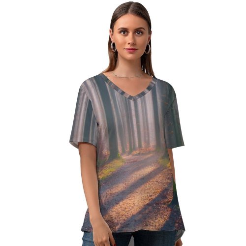 yanfind V Neck T-shirt for Women Hmetosche Autumn Forest Fallen Leaves Fog Sun Light Trees Woods Summer Top  Short Sleeve Casual Loose