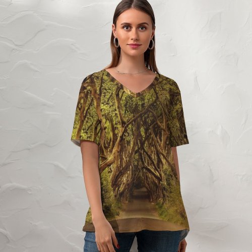 yanfind V Neck T-shirt for Women Dorothe Avenue Trees Woods Forest Path Road Landscape Sunlight Atmospheric Summer Top  Short Sleeve Casual Loose