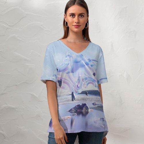 yanfind V Neck T-shirt for Women Abstract Technology Microsoft Microsoft Design Windows Glossy Landscape Summer Top  Short Sleeve Casual Loose