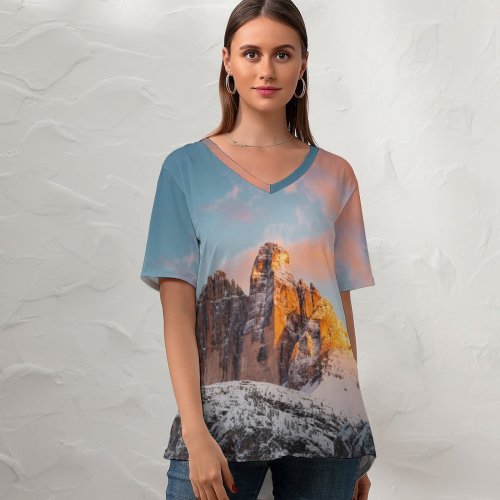 yanfind V Neck T-shirt for Women Daniel Seßler Tre Cime Di Lavaredo Italy Mountain Range Rock Formations Snow Summer Top  Short Sleeve Casual Loose