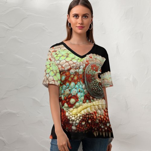 yanfind V Neck T-shirt for Women Black Dark Chameleon Lizard Multicolor Closeup Macro AMOLED HDR Summer Top  Short Sleeve Casual Loose