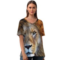 yanfind V Neck T-shirt for Women Lion Big Cat Predator Wild Carnivore Closeup Summer Top  Short Sleeve Casual Loose