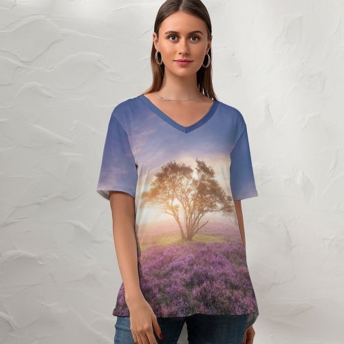 yanfind V Neck T-shirt for Women Gerard Spring Sunrise Bloom Purple Flowers Heath Summer Top  Short Sleeve Casual Loose