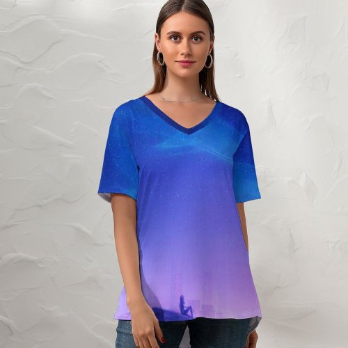 yanfind V Neck T-shirt for Women RicoDZ Fantasy Girl Rooftop Sky Home Dream Whale Starry Night Purple Summer Top  Short Sleeve Casual Loose