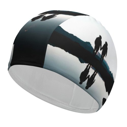 yanfind Swimming Cap Love Couple Silhouette Together Hands Romantic Mountains Lake Reflection Dusk Evening Switzerland Elastic,suitable for long and short hair
